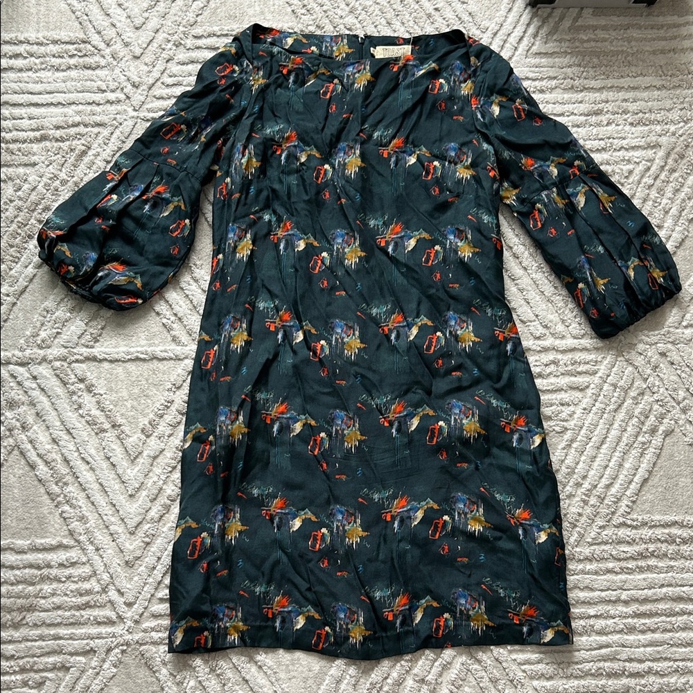 TOAST Dark Floral puff  Sleeve silk Dress